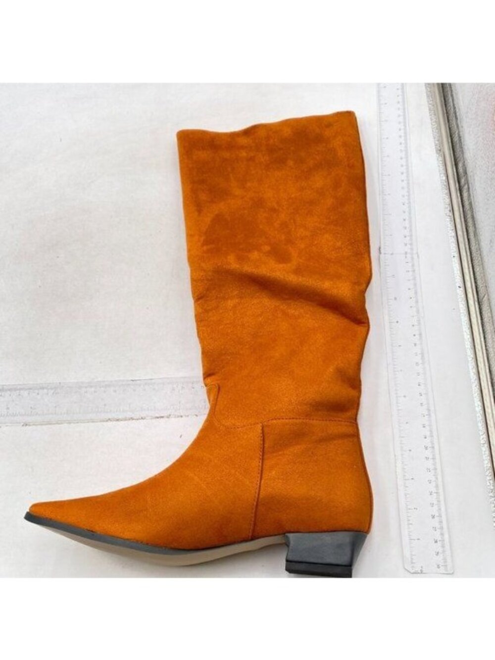 Orange Women Square Toe Knee High Boot Wide Calf Low Chunky Heel Long Boot